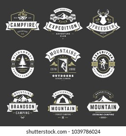 Camping logos templates vector design elements and silhouettes set, Outdoor adventure mountains and forest expeditions, vintage style emblems and badges retro illustration.