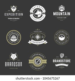 Camping logos templates vector design elements and silhouettes set, Outdoor adventure mountains and forest expeditions, vintage style emblems and badges retro illustration.