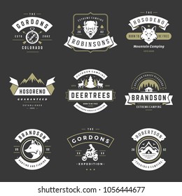 Camping logos templates vector design elements and silhouettes set, Outdoor adventure mountains and forest expeditions, vintage style emblems and badges retro illustration.