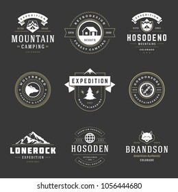 Camping logos templates vector design elements and silhouettes set, Outdoor adventure mountains and forest expeditions, vintage style emblems and badges retro illustration.