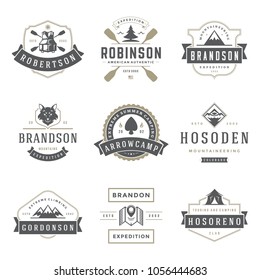 Camping logos templates vector design elements and silhouettes set, Outdoor adventure mountains and forest expeditions, vintage style emblems and badges retro illustration.
