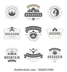 Camping logos templates vector design elements and silhouettes set, Outdoor adventure mountains and forest expeditions, vintage style emblems and badges retro illustration.