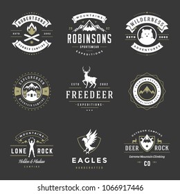 Camping logos templates vector design elements and silhouettes set, Outdoor adventure mountains and forest expeditions, vintage style emblems and badges retro illustration.