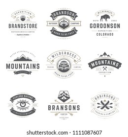 Camping logos templates vector design elements and silhouettes set, Outdoor adventure mountains and forest expeditions, vintage style emblems and badges retro illustration.