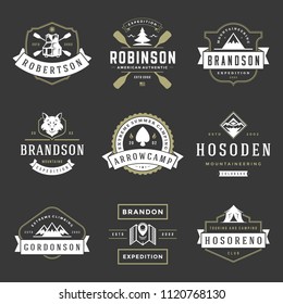 Camping logos templates vector design elements and silhouettes set, Outdoor adventure mountains and forest expeditions, vintage style emblems and badges retro illustration.