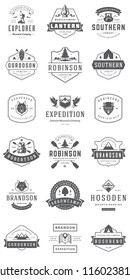 Camping logos templates vector design elements and silhouettes set, Outdoor adventure mountains and forest expeditions, vintage style emblems and badges retro illustration.