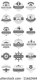 Camping logos templates vector design elements and silhouettes set, Outdoor adventure mountains and forest expeditions, vintage style emblems and badges retro illustration.