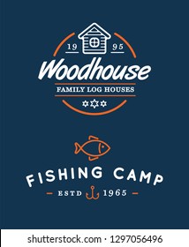 Camping logos templates vector design elements and silhouettes set, Fishing, Log House. 