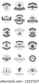 Camping logos templates vector design elements and silhouettes set, Outdoor adventure mountains and forest expeditions, vintage style emblems and badges retro illustration.
