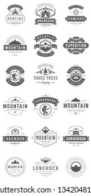 Camping logos templates vector design elements and silhouettes set, Outdoor adventure mountains and forest expeditions, vintage style emblems and badges retro illustration.