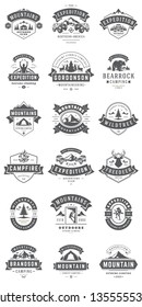 Camping logos templates vector design elements and silhouettes set, Outdoor adventure mountains and forest expeditions, vintage style emblems and badges retro illustration.