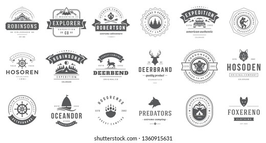 Camping logos templates vector design elements and silhouettes set, Outdoor adventure mountains and forest expeditions, vintage style emblems and badges retro illustration.