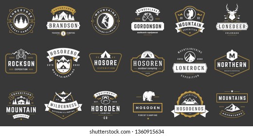 Camping logos templates vector design elements and silhouettes set, Outdoor adventure mountains and forest expeditions, vintage style emblems and badges retro illustration.
