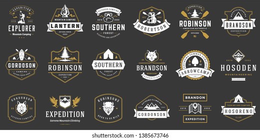 Camping logos templates vector design elements and silhouettes set, Outdoor adventure mountains and forest expeditions, vintage style emblems and badges retro illustration.