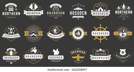 Camping logos templates vector design elements and silhouettes set, Outdoor adventure mountains and forest expeditions, vintage style emblems and badges retro illustration.