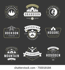 Camping logos templates vector design elements and silhouettes set, Outdoor adventure mountains and forest expeditions, vintage style emblems and badges retro illustration. 