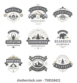 Camping logos templates vector design elements and silhouettes set, Outdoor adventure mountains and forest expeditions, vintage style emblems and badges retro illustration. 