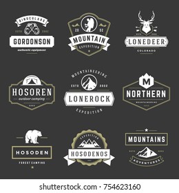 Camping logos templates vector design elements and silhouettes set, Outdoor adventure mountains and forest expeditions, vintage style emblems and badges retro illustration.