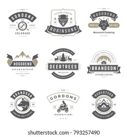 Camping logos templates vector design elements and silhouettes set, Outdoor adventure mountains and forest expeditions, vintage style emblems and badges retro illustration.