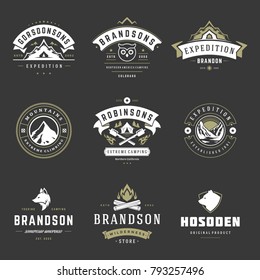 Camping logos templates vector design elements and silhouettes set, Outdoor adventure mountains and forest expeditions, vintage style emblems and badges retro illustration.