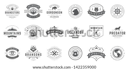 Camping logos templates vector design elements and silhouettes set, Outdoor adventure mountains and forest expeditions, vintage style emblems and badges retro illustration.