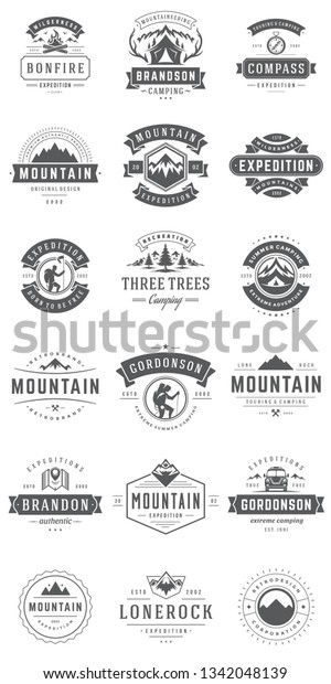 Camping logos templates\
vector design elements and silhouettes set, Outdoor adventure\
mountains and forest expeditions, vintage style emblems and badges\
retro illustration.