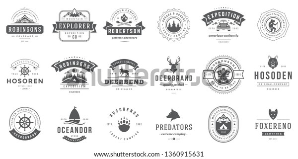 Camping logos templates
vector design elements and silhouettes set, Outdoor adventure
mountains and forest expeditions, vintage style emblems and badges
retro illustration.
