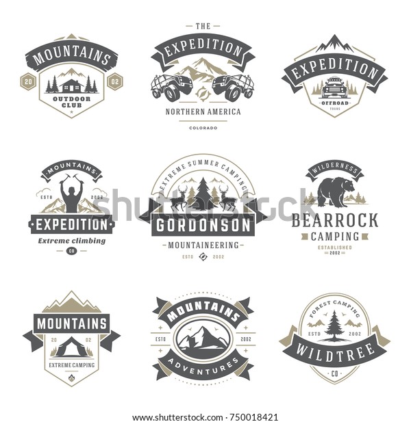 Camping logos templates\
vector design elements and silhouettes set, Outdoor adventure\
mountains and forest expeditions, vintage style emblems and badges\
retro illustration. 