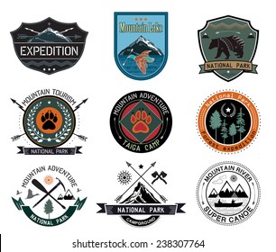 Camping logotype. Outdoor activity logo icons icons. Mountain fishing logo badges. Symbol of wild animals. Mountain camp logo. Tourism icons symbols. Set of vintage mountain camp. National Park logo.