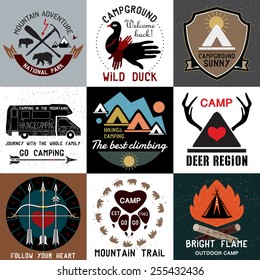 Camping logotype. Outdoor activity logo icons icons. Mountain gear, hiking, logo badges. Symbol of wild animals. Mountain camp logo. Tourism icons symbols. Symbols of the national park and open camp.