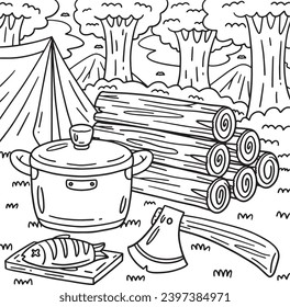Camping Logs, Ax and Cooking Pot Coloring Page 