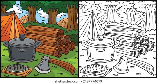 Camping Logs, Ax and Cooking Pot Illustration