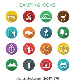 camping long shadow icons, flat vector symbols