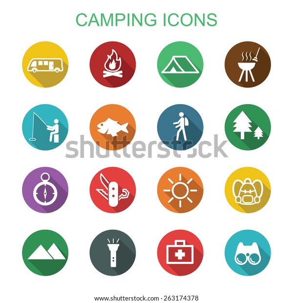 camping long\
shadow icons, flat vector\
symbols