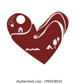 Camping love icon vector illustration. Heart, cabin, moon, stars, tent, water, trees, backpack, and walking stick. 