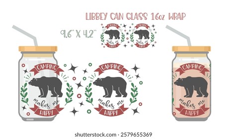 Camping makes me happy. Printable Full wrap for libby class can with mock up. Vector Illustration