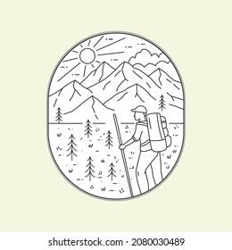 camping man in a mountainous forest in mono line art ,badge patch pin graphic illustration, vector art t-shirt design