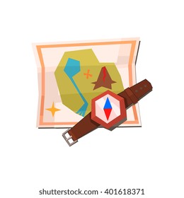 Camping Map And Compass Flat Colorful Vector Illustration In Primitive Geometric Style Isolated On White Background