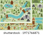 Camping map creator. Set of flat cartoon elements for constructing summer camp activity. Vector nature clip art with mountains, waterfall, trees, forest animals for hiking or campfire plan. 
