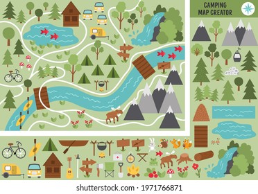 Camping map creator. Set of flat cartoon elements for constructing summer camp activity. Vector nature clip art with mountains, waterfall, trees, forest animals for hiking or campfire plan. 
