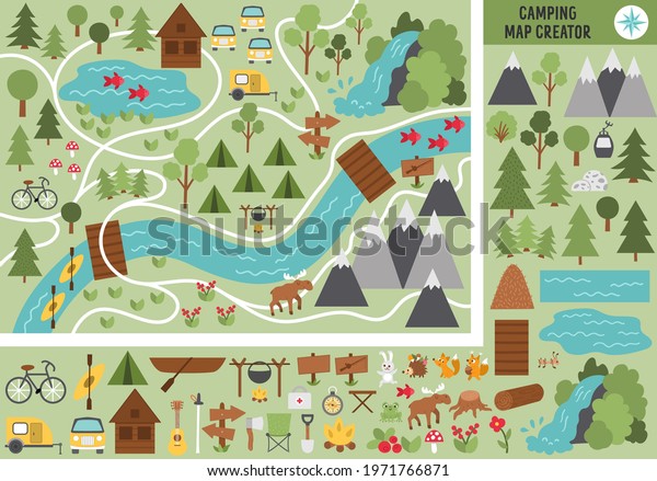 Camping map creator. Set of flat cartoon elements for\
constructing summer camp activity. Vector nature clip art with\
mountains, waterfall, trees, forest animals for hiking or campfire\
plan. \
