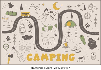 Camping map Doodle-style illustration on the theme of camping. Tent and campfire in the forest. tourism and recreation. outdoor recreation Vector illustration	
