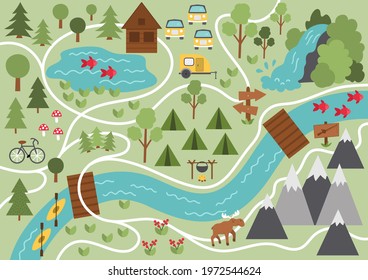 Camping map. Summer camp background. Vector nature clip art or infographic elements with mountains, waterfall, trees, forest, moose, river. Hiking, trekking or campfire plan. 
