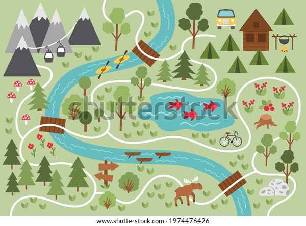 Camping map.\
Summer camp background. Vector nature clip art or infographic\
elements with mountains, trees, forest, moose, river, bike, cable\
car. Hiking, trekking or campfire plan.\
\
