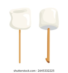 Camping marshmallow on a stick, Forest travel. Flat vector clipart, illustration with isolated background.