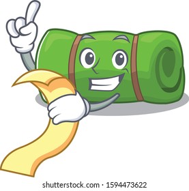 Camping mat Scroll cartoon character holding menu ready to serve