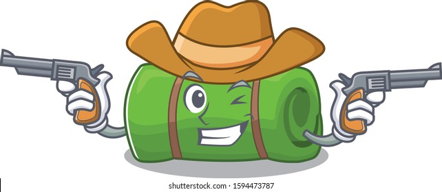 Camping mat Scroll mascot performed as a Cowboy with guns