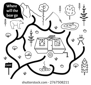 Camping maze game. Coloring labyrinth with bear searching for the way to go. Doodle hand drawn vector illustration. Educational game for children's workbook or adventure activity travel book.