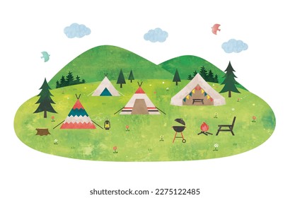 Camping in der Wiesenlandschaft Aquarell