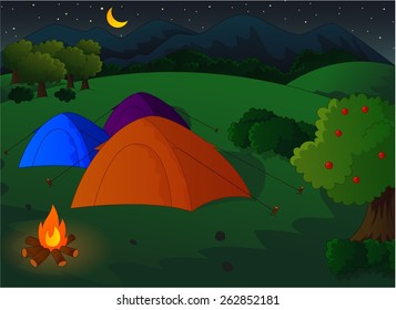Camping in the meadow at night